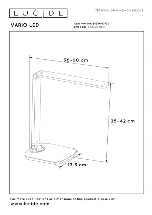 Lucide VARIO LED - Schreibtischlampe - LED Dim. - CCT - 1x8W 2700K/6500K - Schwarz - technisch